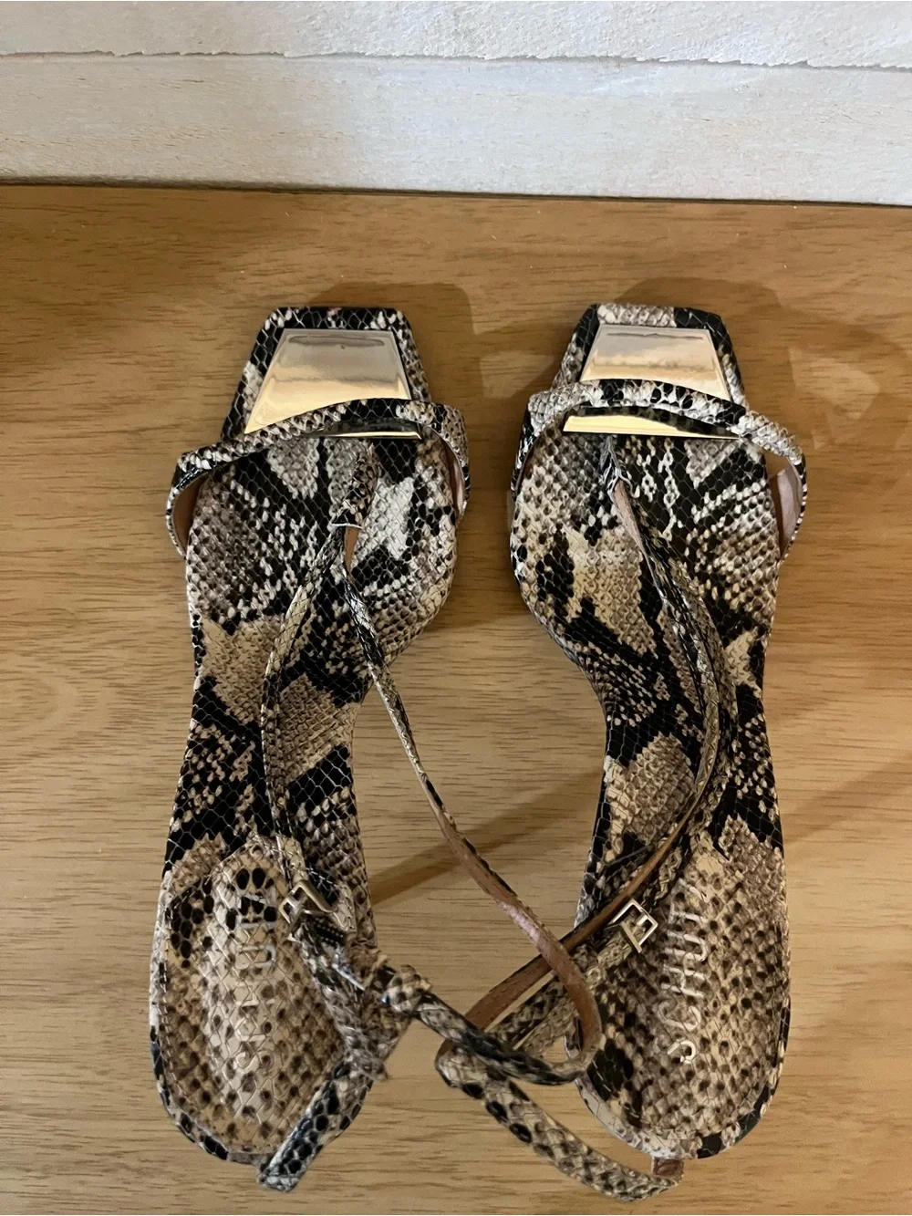 SCHUTZ Snakeskin Print Strappy Heels in Black and Cream